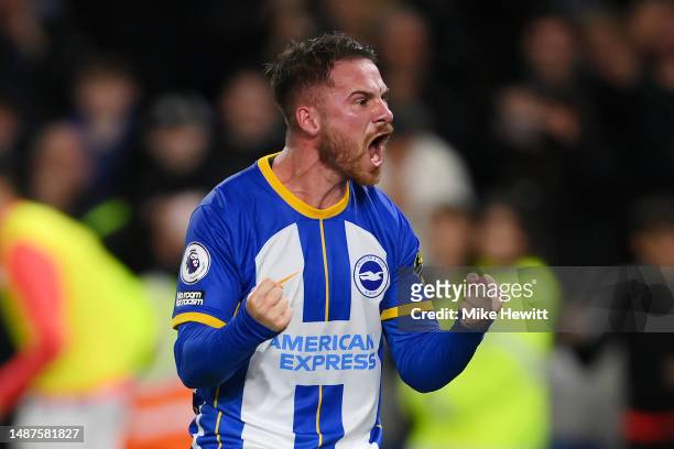 Alexis Mac Allister of Brighton & Hove Albion celebrates after scoring the team's first goal from the penalty spot during the Premier League match...