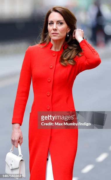 Catherine, Princess of Wales arrives for visit to the Dog & Duck pub in Soho to hear how it's preparing for the Coronation Weekend on May 4, 2023 in...