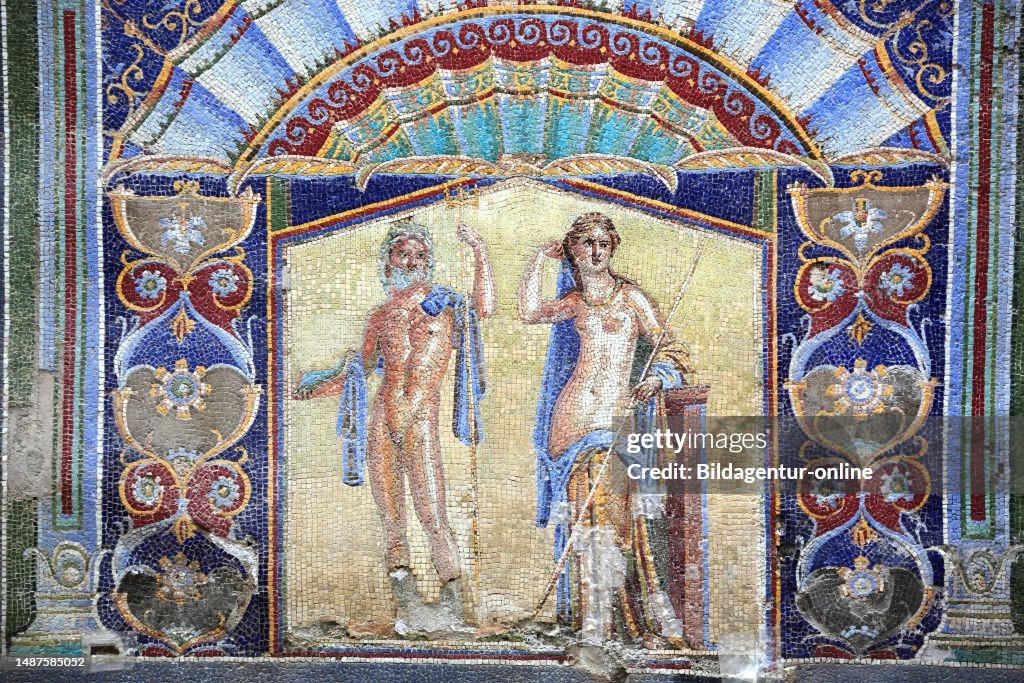 Neptune and Amphitrite, wall mosaic in the house No. 22 in the ruins of Herculaneum, Campania, Italy