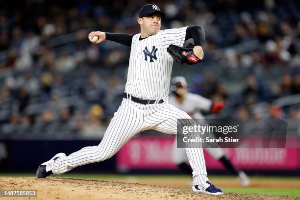 Michael King of the New York Yankees pitches during the eighth inning against the Cleveland Guardians at Yankee Stadium on May 02, 2023 in the Bronx...