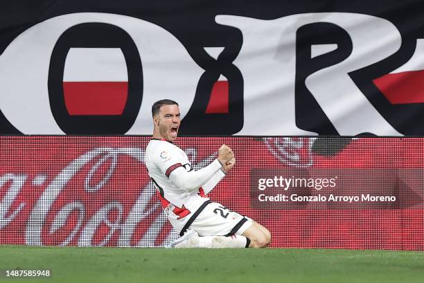 Raul De Tomas alias RDT of Rayo Vallecano de Madrid celebrates scoring their opening goal during the LaLiga Santander match between Rayo Vallecano...