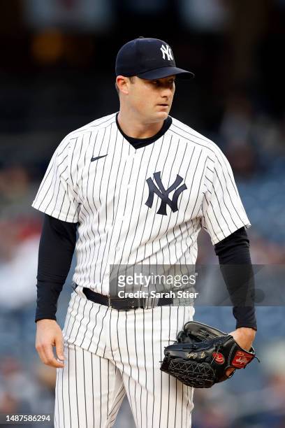 Gerrit Cole of the New York Yankees pitches during the first inning against the Cleveland Guardians at Yankee Stadium on May 02, 2023 in the Bronx...
