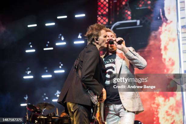 John Taylor and Simon Le Bon of Duran Duran perform at First Direct Arena on May 04, 2023 in Leeds, England.