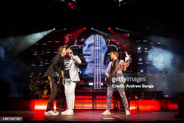 John Taylor, Simon Le Bon and Dominic Brown of Duran Duran perform at First Direct Arena on May 04, 2023 in Leeds, England.