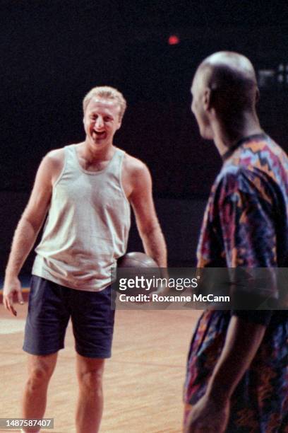 Award-winning basketball players former Boston Celtics Larry Bird and Chicago Bulls Michael Jordan share a laugh while waiting to be filmed for a...