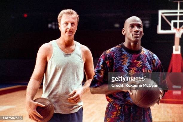 Award-winning basketball players former Boston Celtics Larry Bird and Chicago Bulls Michael Jordan stand by to be filmed for a McDonald's "Nothing...