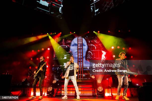John Taylor, Simon Le Bon and Dominic Brown of Duran Duran perform at First Direct Arena on May 04, 2023 in Leeds, England.