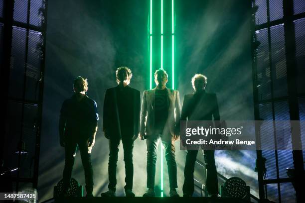Roger Taylor, John Taylor, Simon Le Bon and Nick Rhodes of Duran Duran perform at First Direct Arena on May 04, 2023 in Leeds, England.