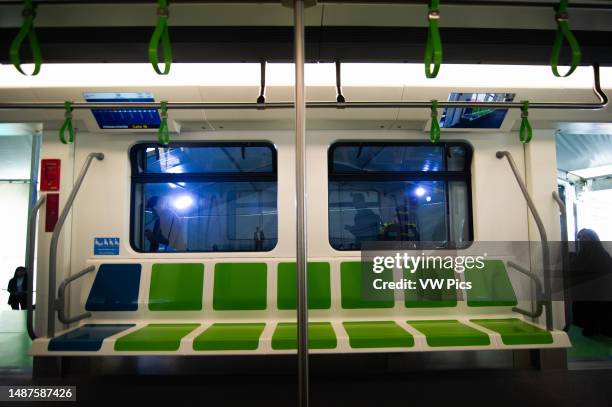 General view of the seats of Bogota's Metro Car during the unveil event of Bogota's Metro car as Bogota's metro system starts works o be available to...