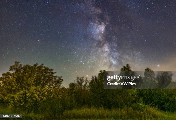 The summer Milky Way and galactic core area in Sagittarius, setting on a late summer evening in mid-September, with some of the foliage starting to...