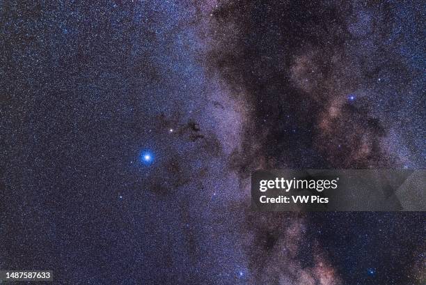 Framing of northern Aquila and the Milky Way near Altair, the bright blue-white star at left. Above is yellowish Tarazed, below is dimmer Alshain. To...