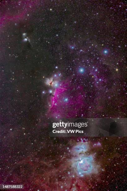 This is a portrait of the main nebulosity in Orion around the Belt and Sword, including: the Orion Nebula itself , aka Messiers 42 and 43; the...