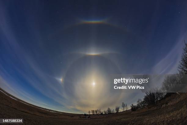 Complex of halo phenomena on the evening of April 15 Good Friday of the 2022 Easter weekend, around the almost Full Moon. Ice crystals in the high...
