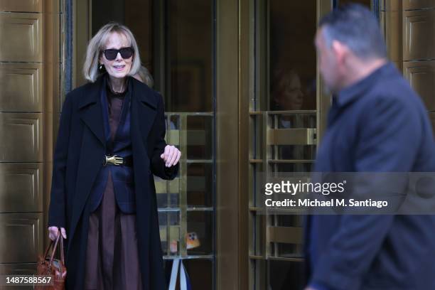 Magazine Columnist E. Jean Carroll leaves after her civil trial against former President Donald Trump at Manhattan Federal Court on May 04, 2023 in...