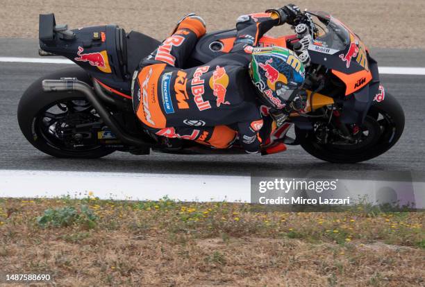 Brad Binder of South Africa and Red Bull KTM Factory Racing rounds the bend during the MotoGP wurm up during the MotoGP Of Spain - Race on April 30,...