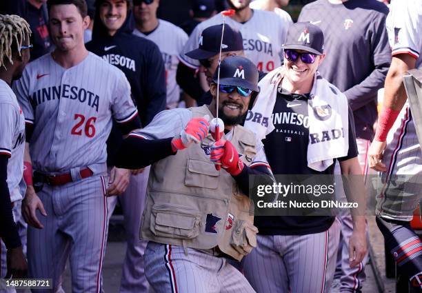 Byron Buxton of the Minnesota Twins celebrates a home run during the eighth inning of a game against the Chicago White Sox at Guaranteed Rate Field...
