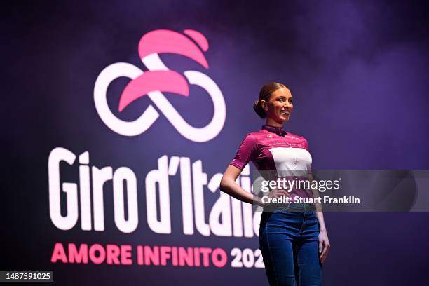 Hostess wearing the purple points jersey during the 106th Giro d'Italia 2023, Team Presentation at the Piazza della Rinascita / #UCIWT / on May 04,...