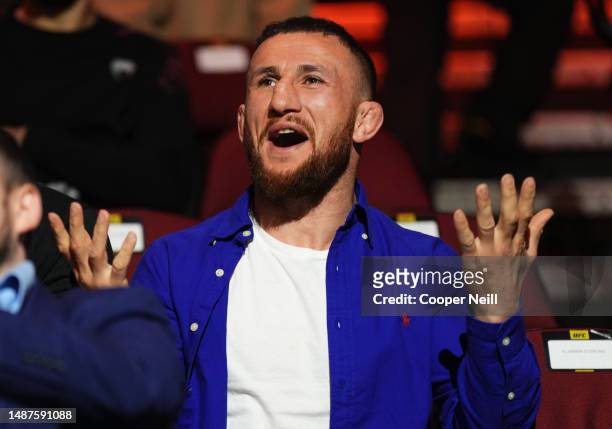 Bantamweight Merab Dvalishvili is seen in attendance during the UFC 288 press conference at Prudential Center on May 04, 2023 in Newark, New Jersey.