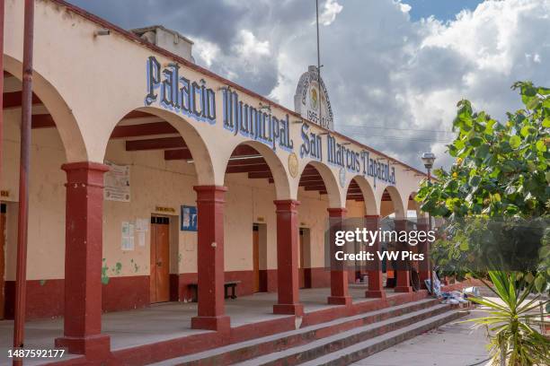 The city hall or municipal palace of the pueblo of San Marcos Tlapazola, in the Central Valleys of Oaxaca, Mexico.