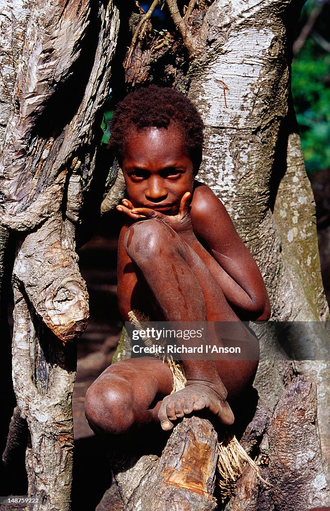 Young boy from Yakel kastom village in Banyan tree.