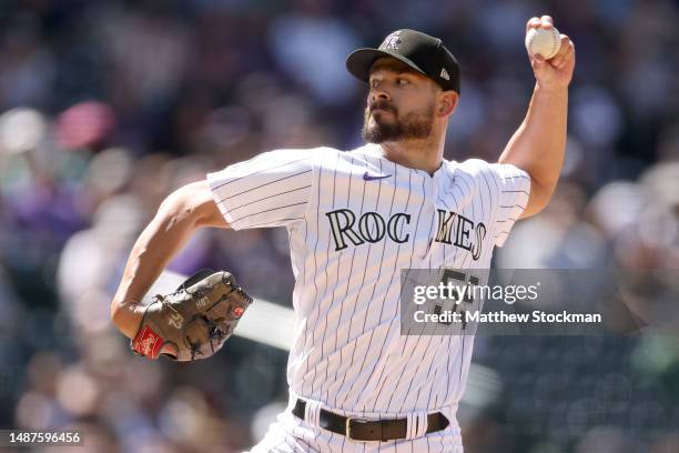 Pitcher Brad Hand of the Colorado Rockies throws against the Milwaukee Brewers in the eighth inning at Coors Field on May 04, 2023 in Denver,...