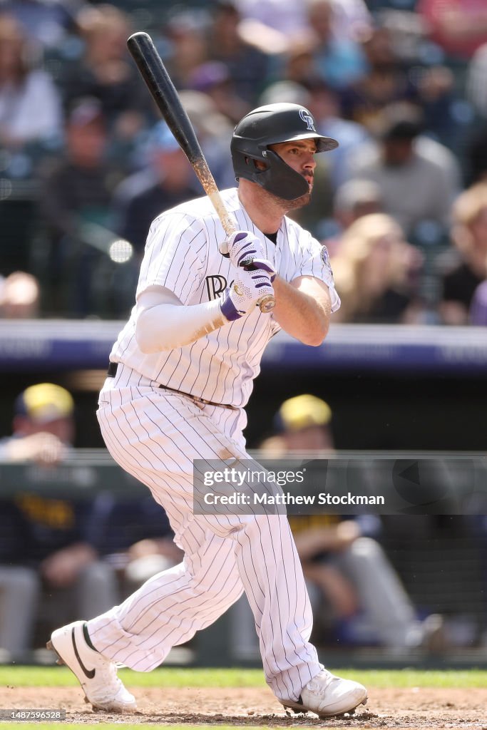 Mike Rokes Colorado Mike Moustakas of the Colorado Rockies hits a double against the ...