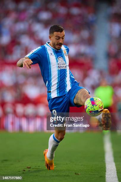 Joselu of RCD Espanyol in action during the LaLiga Santander match between Sevilla FC and RCD Espanyol at Estadio Ramon Sanchez Pizjuan on May 04,...