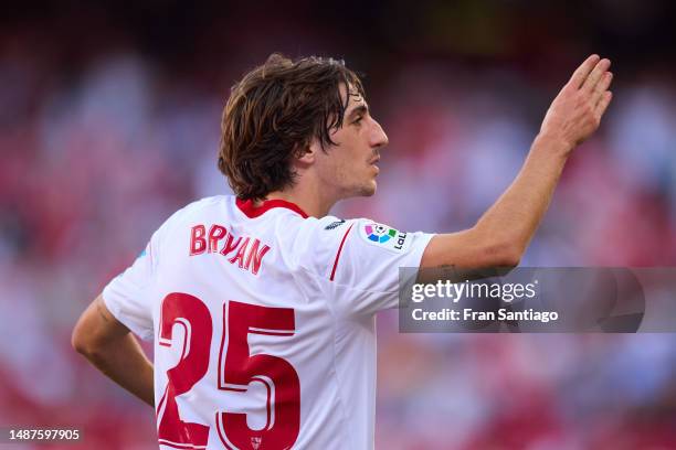 Bryan Gil of Sevilla FC celebrates after scoring the teams first goal during the LaLiga Santander match between Sevilla FC and RCD Espanyol at...