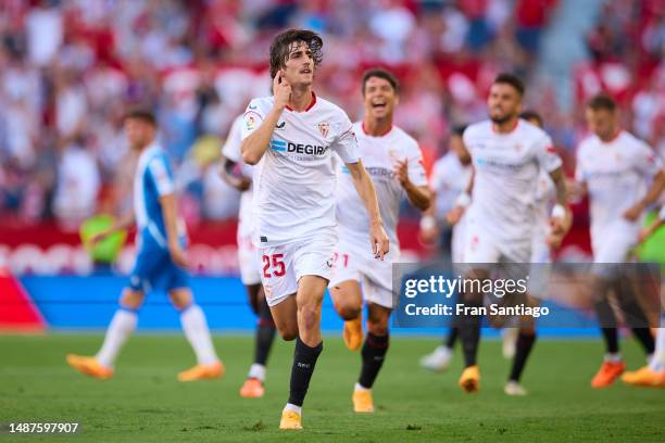 Bryan Gil of Sevilla FC celebrates after scoring the teams first goal during the LaLiga Santander match between Sevilla FC and RCD Espanyol at...