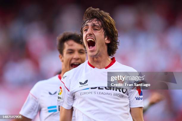 Bryan Gil of Sevilla FC celebrates after scoring the teams first goal during the LaLiga Santander match between Sevilla FC and RCD Espanyol at...