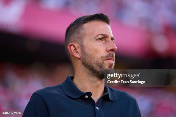 Luis Garcia, Head Coach of RCD Espanyol, looks on prior to the LaLiga Santander match between Sevilla FC and RCD Espanyol at Estadio Ramon Sanchez...