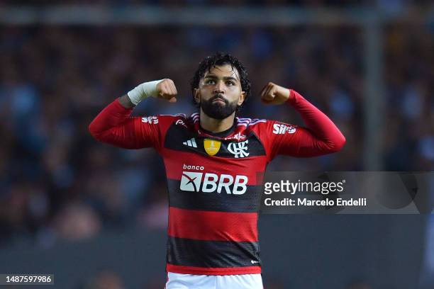 Gabriel Barbosa of Flamengo celebrates after scoring the team's first goal during a Copa CONMEBOL Libertadores 2023 Group A match between Racing Club...