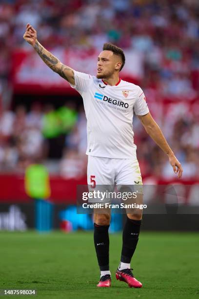 Lucas Ocampos of Sevilla FC reacts during the LaLiga Santander match between Sevilla FC and RCD Espanyol at Estadio Ramon Sanchez Pizjuan on May 04,...