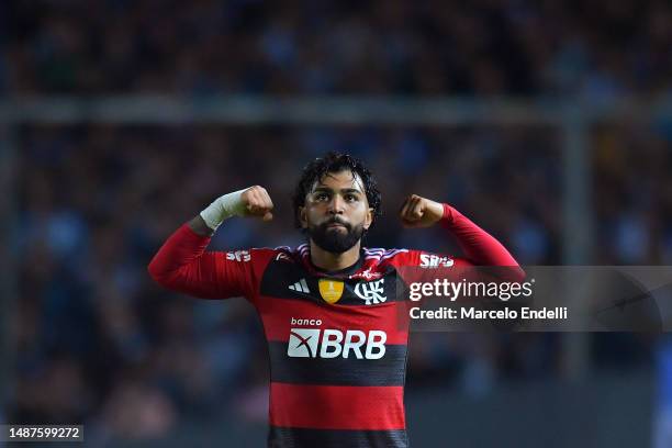 Gabriel Barbosa of Flamengo celebrates after scoring the team's first goal during a Copa CONMEBOL Libertadores 2023 Group A match between Racing Club...