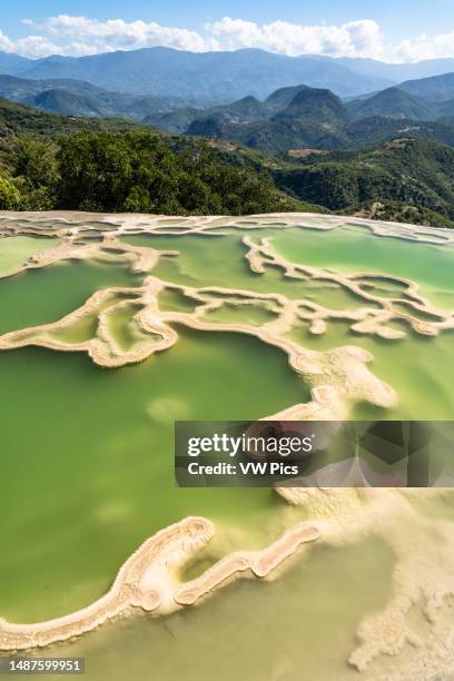 Mineral water pool and travertine formations at the edge of the cliff in the Amphitheater above the Cascada Chica or Small Waterfall at Hierve el...