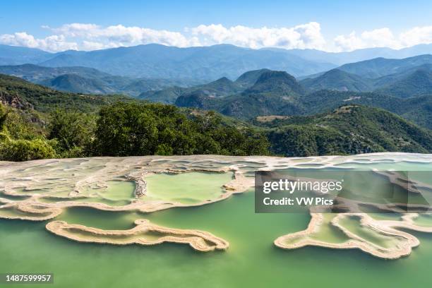 Mineral water pool and travertine formations at the edge of the cliff in the Amphitheater above the Cascada Chica or Small Waterfall at Hierve el...