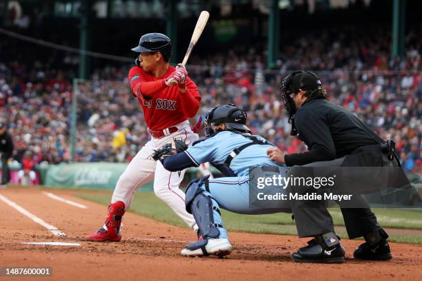 Masataka Yoshida of the Boston Red Sox at bat during the second inning against the Toronto Blue Jays at Fenway Park on May 04, 2023 in Boston,...