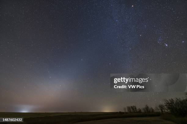 The Zodiacal Light at dawn on an autumn morning, October 7, 2022. Orion, Sirius, and the winter Milky Way are at right; Mars is the bright object at...