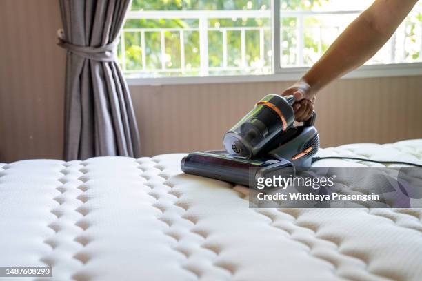 cropped view of man removing dust on mattress with vacuum cleaner - mite stock pictures, royalty-free photos & images