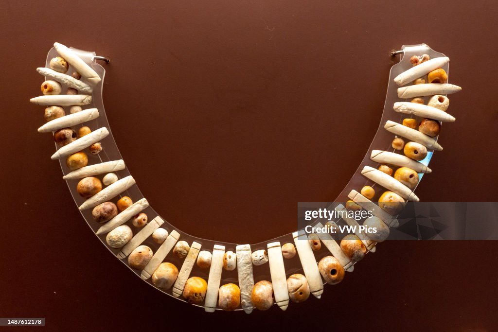 A unique double-stranded coral necklace in the Museum of Cultures of Oaxaca, Oaxaca, Mexico. Found in Tomb 7, Monte Alban. Late Postclassic Period, 1250 - 1521 A.D