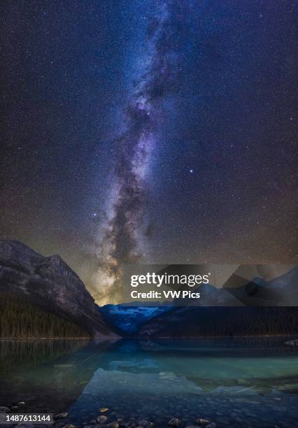Galaxy and glacier! This is a vertical panorama of the Milky Way Galaxy over Lake Louise and Victoria Glacier in Banff National Park, Alberta. The...