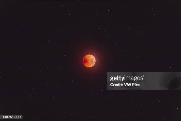 This is the totally eclipsed Moon of November 8, 2022 set in the stars of Aries, with the planet Uranus nearby, visible as the greenish star about...