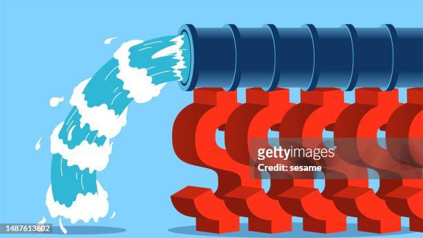 ilustrações de stock, clip art, desenhos animados e ícones de dollar flood, inflation, monetary easing, fed monetary rate hike policy, national policies to stimulate economic activity and reduce the cost of capital, water pipe release supported by the dollar symbol - monetary policy