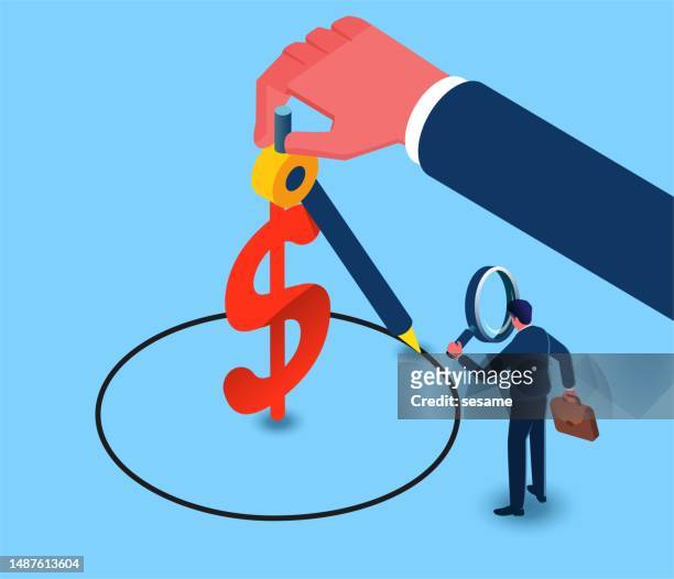 financial market regulation, market regulation and institutions, financial policy law and auditing, isometric hand drawing a dollar-limited circle with a compass - market research stock illustrations