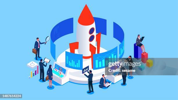 stockillustraties, clipart, cartoons en iconen met entrepreneurship, launching a new business or plan, teamwork to develop innovative business, team and creative support, business team together in analyzing and researching real-time data for rocket launch - entertainment evenement