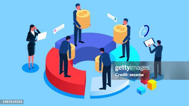 bildbanksillustrationer, clip art samt tecknat material och ikoner med market share portfolio, investment cost allocation, diversification, profit maximization, merchant analysis of data and allocation of unequal investment costs on a pie chart. - aktieägare