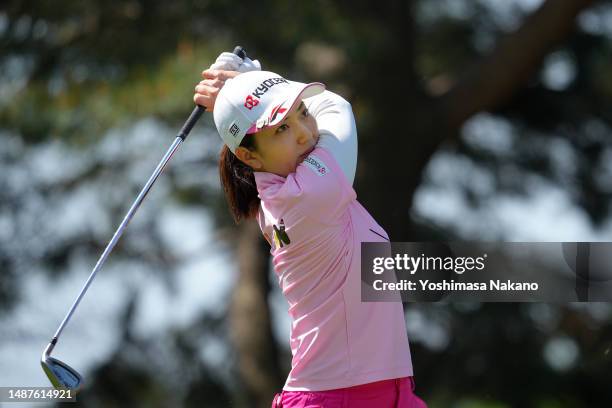 Ritsuko Ryu of Japan hits her tee shot on the 13th hole during the second round of World Ladies Championship Salonpas Cup at Ibaraki Golf Club West...