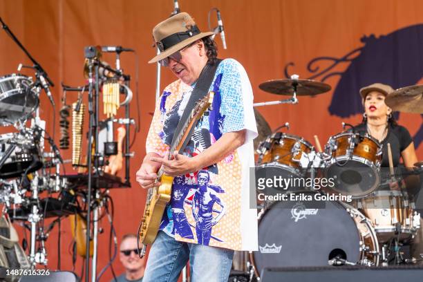 Carlos Santana and Cindy Blackman perform during 2023 New Orleans Jazz & Heritage Festival at Fair Grounds Race Course on May 04, 2023 in New...