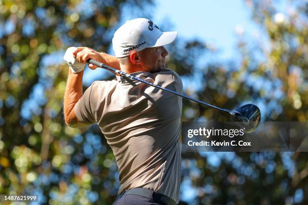 Alex Noren of Sweden plays his shot from the 16th tee during the first round of the Wells Fargo Championship at Quail Hollow Country Club on May 04,...