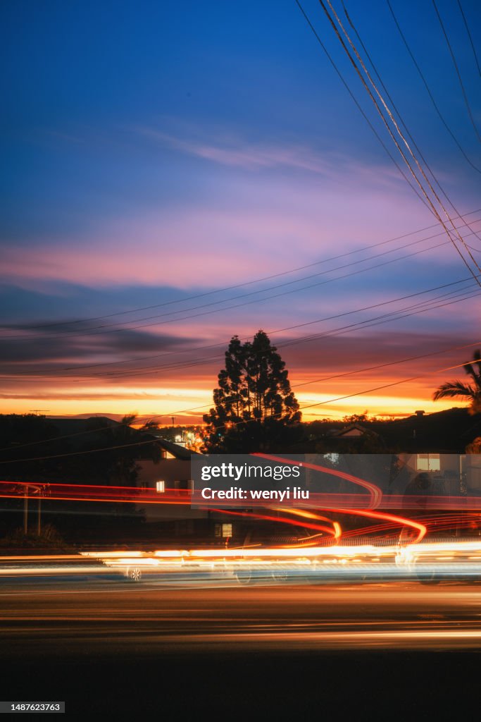 Light Trails Of Cars In the West Suburb Of Brisbane In Winter